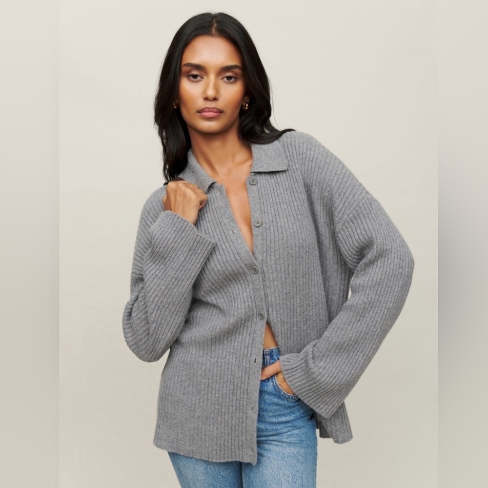 Reformation Gray Ribbed Button-Up Cardigan Sweater